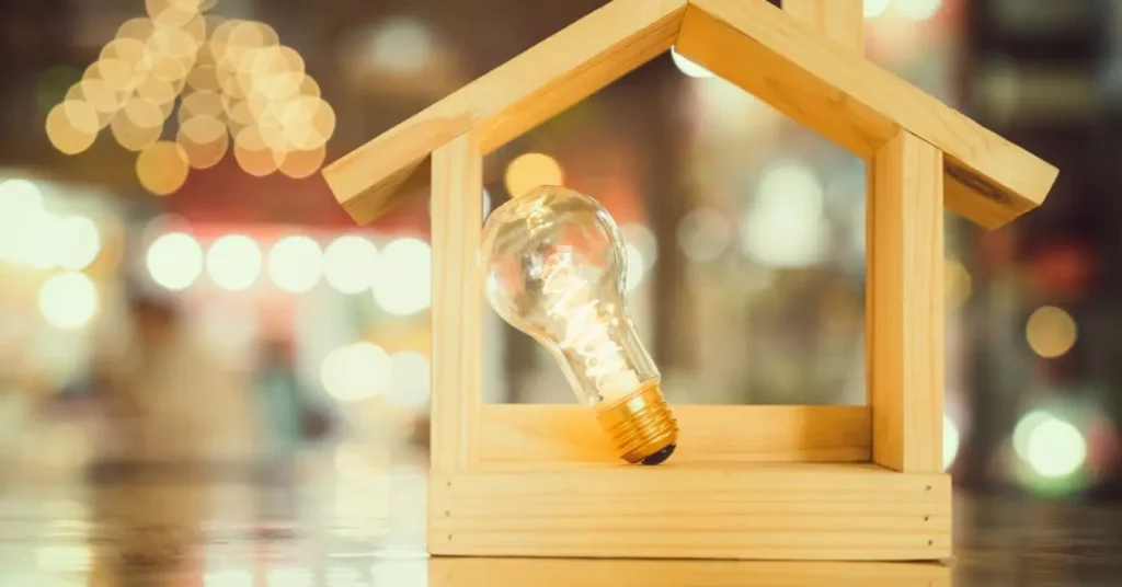 una piccola casa di legno con dentro una lampadina accesa