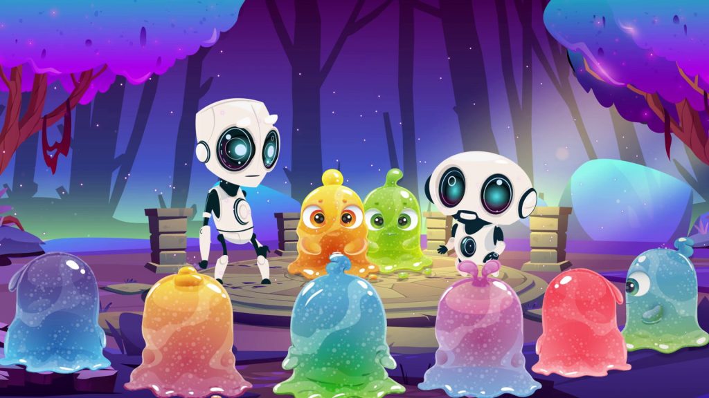2 robottini circondati da altri personaggi di fantasia di tutti i colori