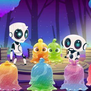 2 robottini circondati da altri personaggi di fantasia di tutti i colori