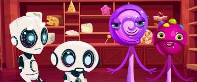illustrazione di 2 robottini e altri 2 personaggi di fantasia dello spazio