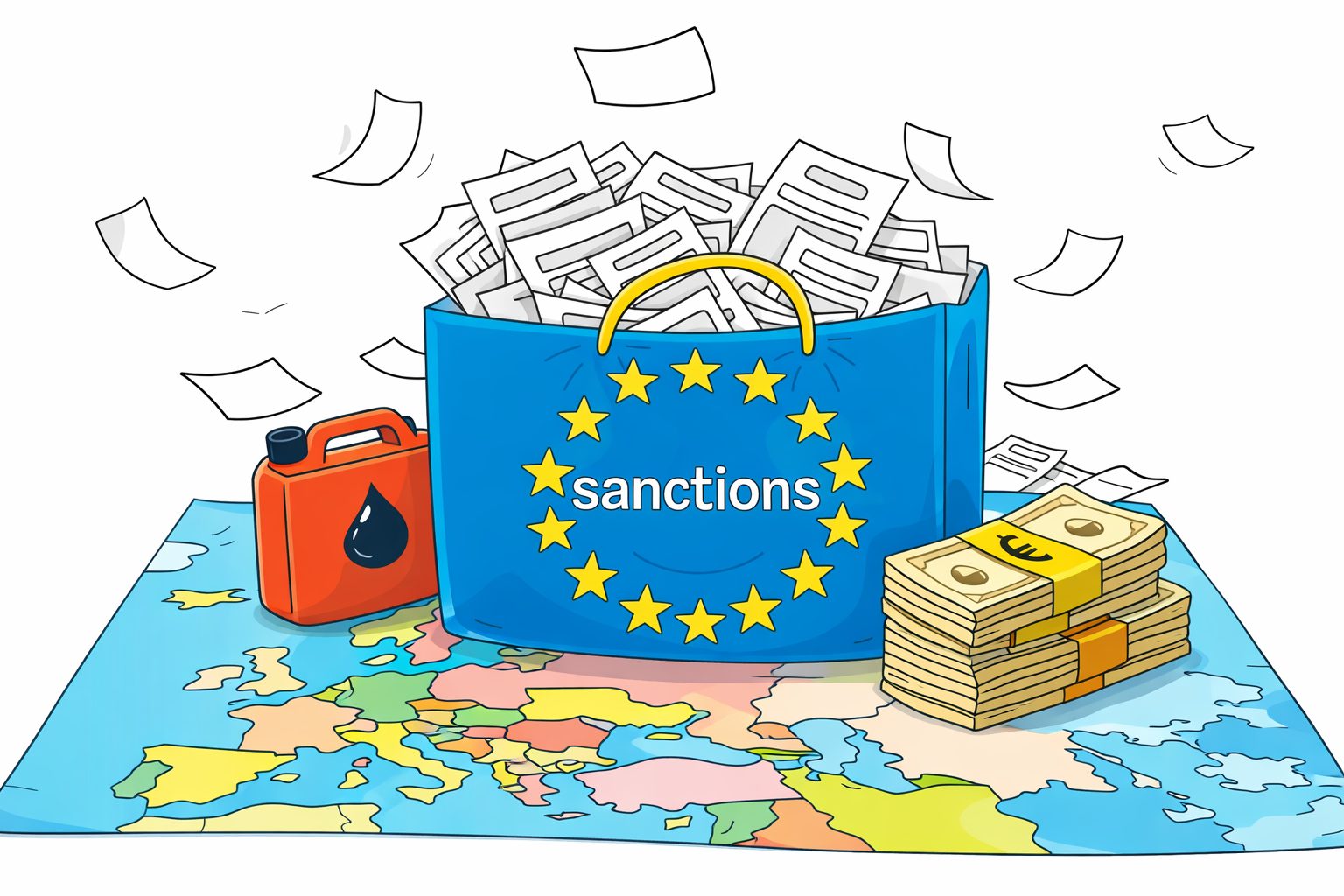 Illustrazione sulle sanzioni dell’Unione Europea: borsa con simbolo UE e scritta “sanctions”, documenti, denaro e petrolio su una mappa dell’Europa, concetto di misure economiche e restrizioni internazionali.
