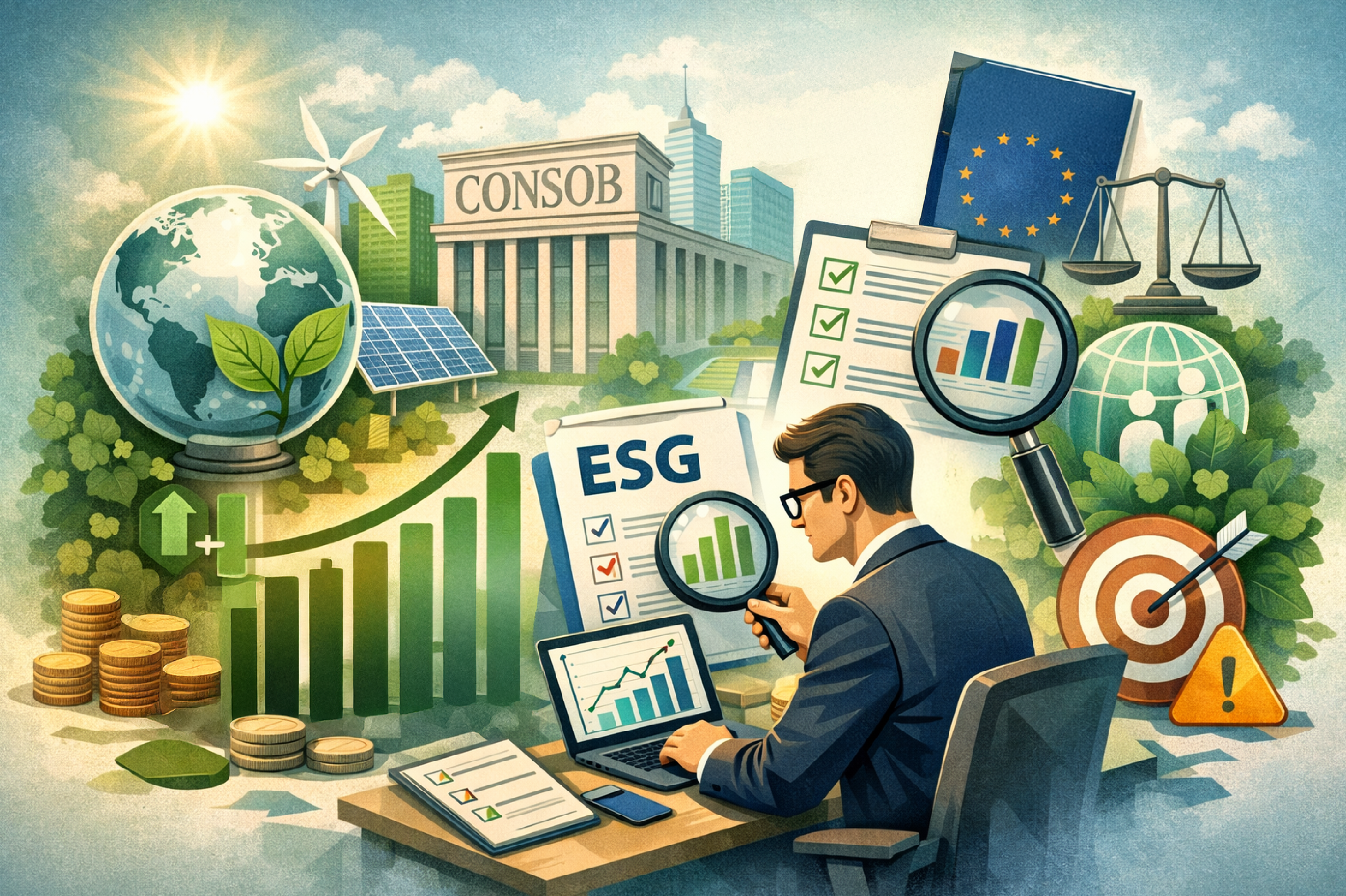 Consulente finanziario analizza report ESG con lente di ingrandimento davanti a grafici, simboli sostenibilità e sede CONSOB.