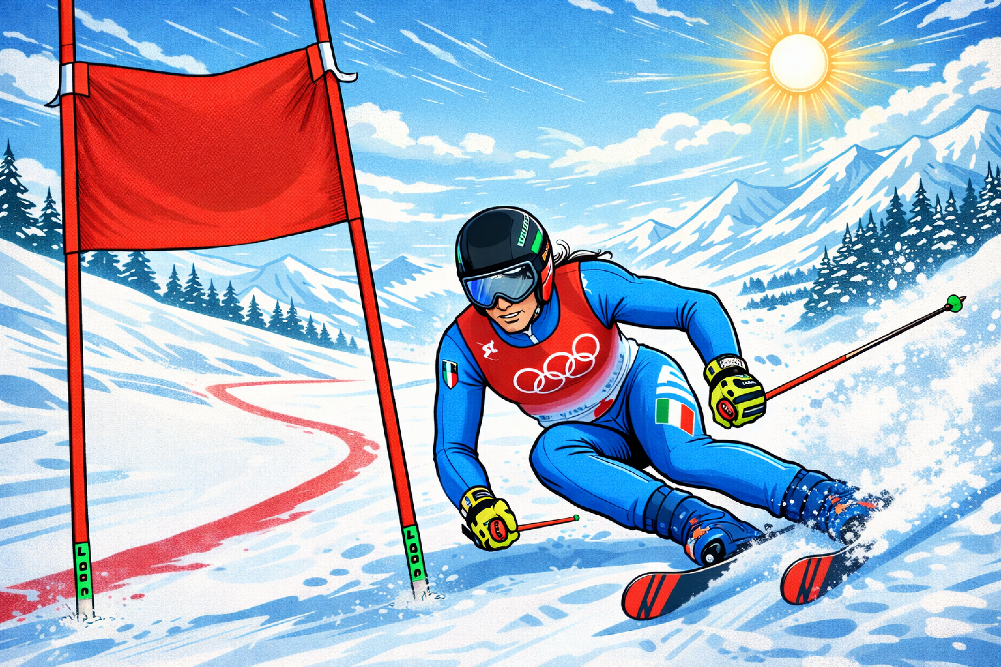 Sciatore in gara di slalom alle Olimpiadi Invernali che affronta una porta rossa, metafora della privacy e delle regole nella governance dell’Intelligenza Artificiale secondo la Legge 132/2025.