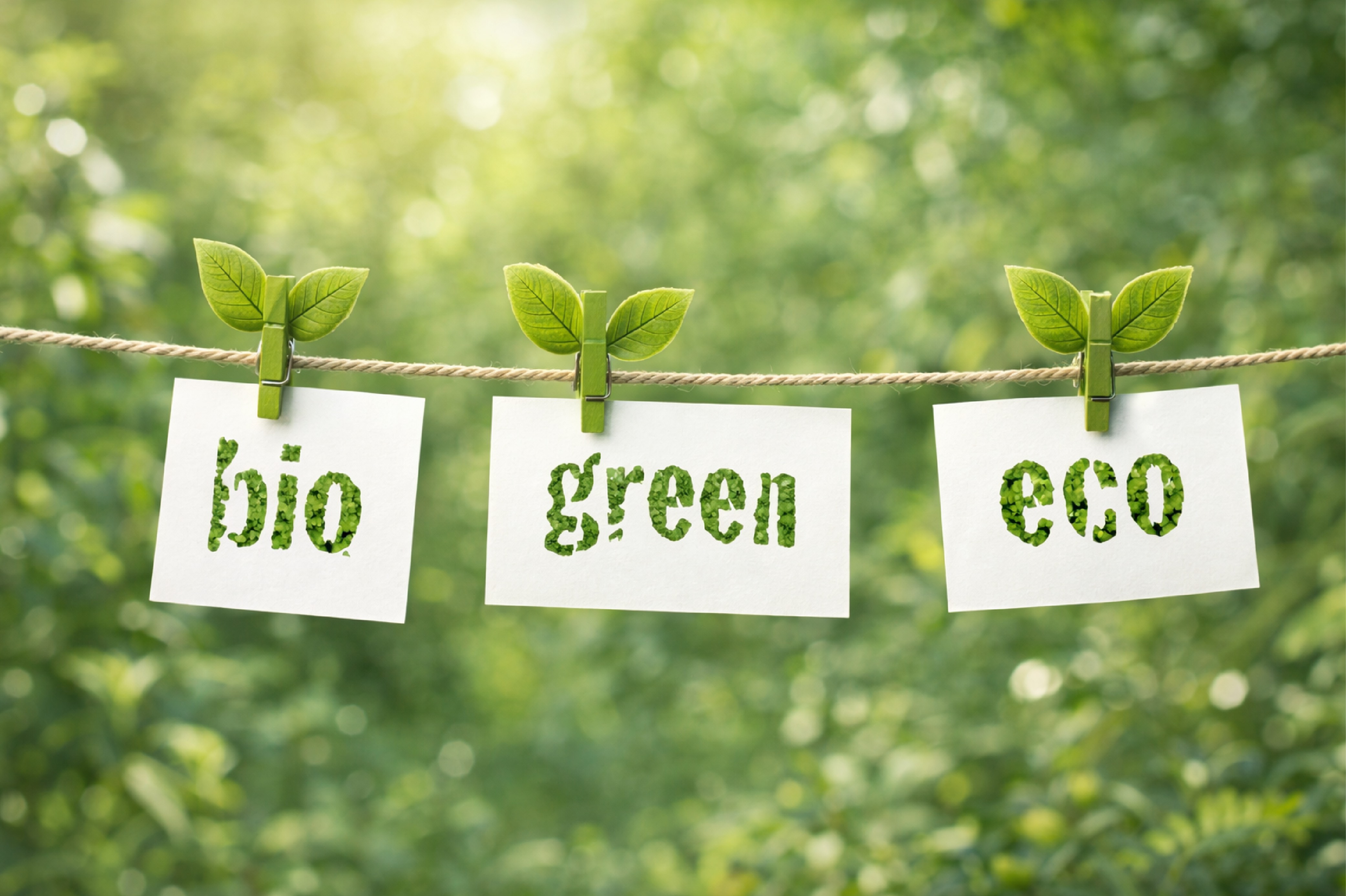 Cartelli con scritte bio, green ed eco appesi con mollette su sfondo naturale, simbolo di sostenibilità. Decreto legislativo 30/2026