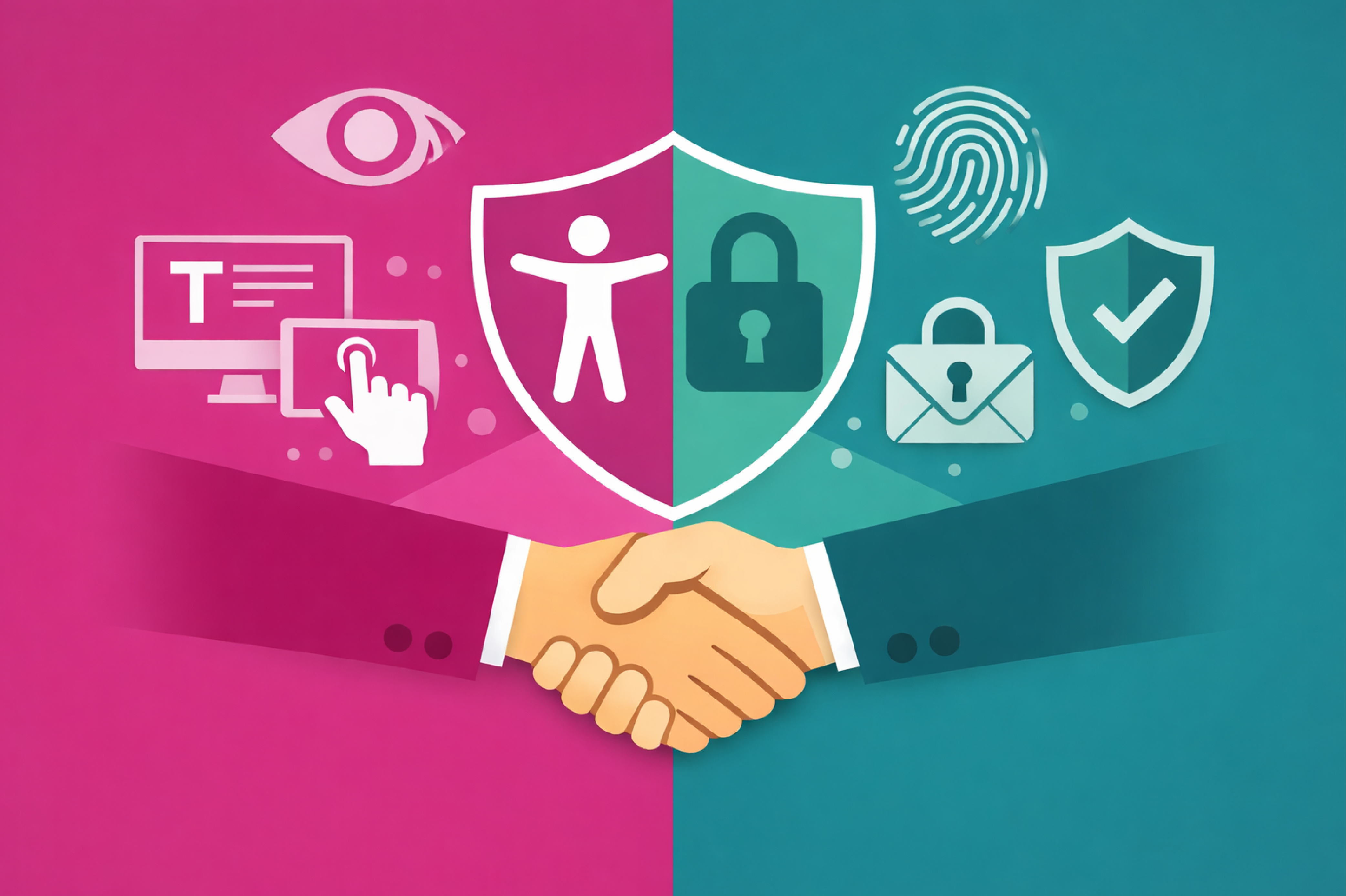 Illustrazione concettuale su accessibilità digitale e privacy: stretta di mano sotto uno scudo con icone di inclusione digitale, protezione dei dati, sicurezza informatica, impronta digitale e lucchetto, simbolo di conformità alle Linee Guida AGID