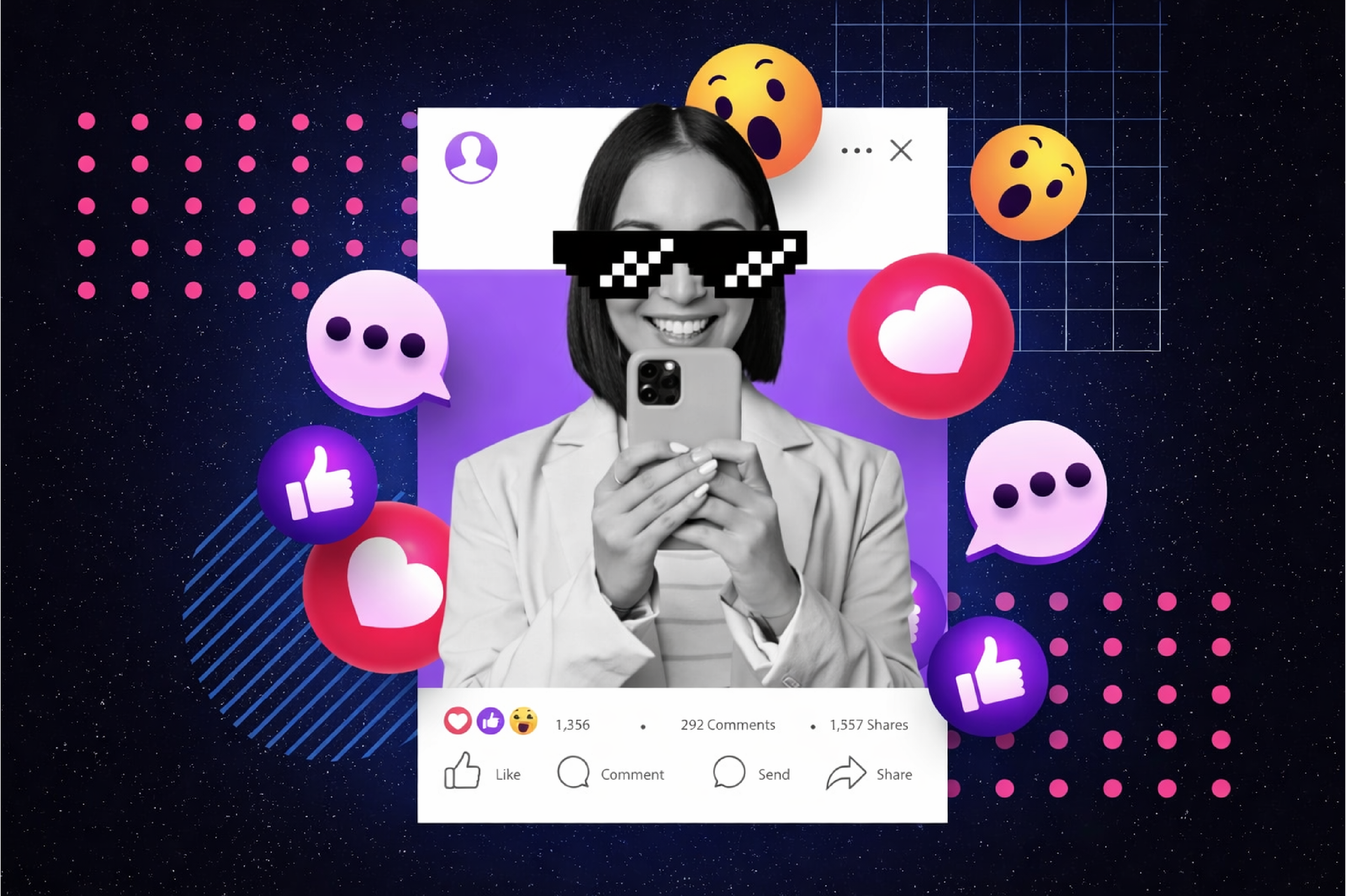 Influencer su smartphone con icone social e reaction, simbolo della trasparenza nella pubblicità online secondo le linee guida AGCOM