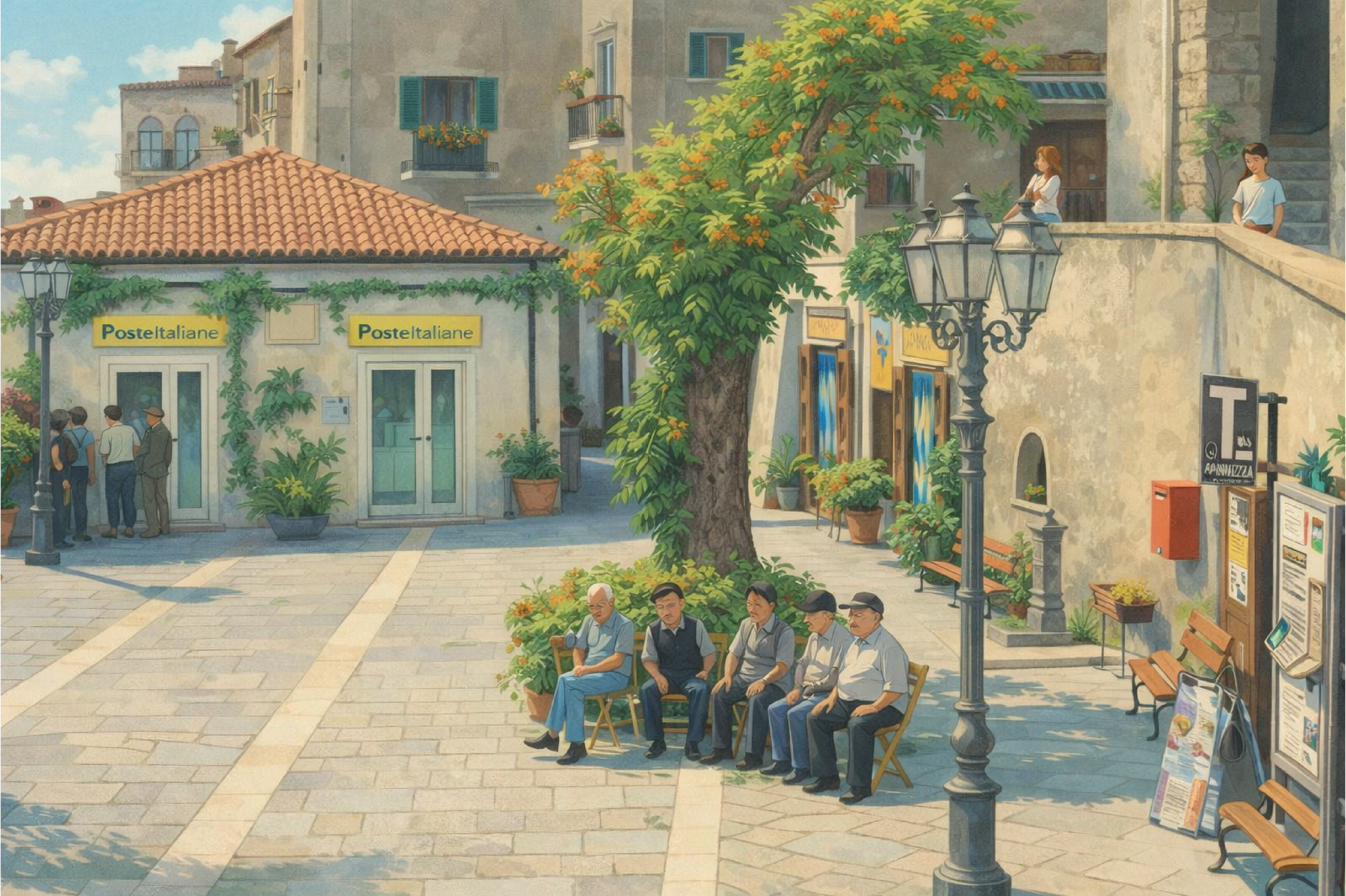 Pensionati seduti davanti a un ufficio postale in un borgo italiano mentre aspettano il turno per ritirare la pensione.