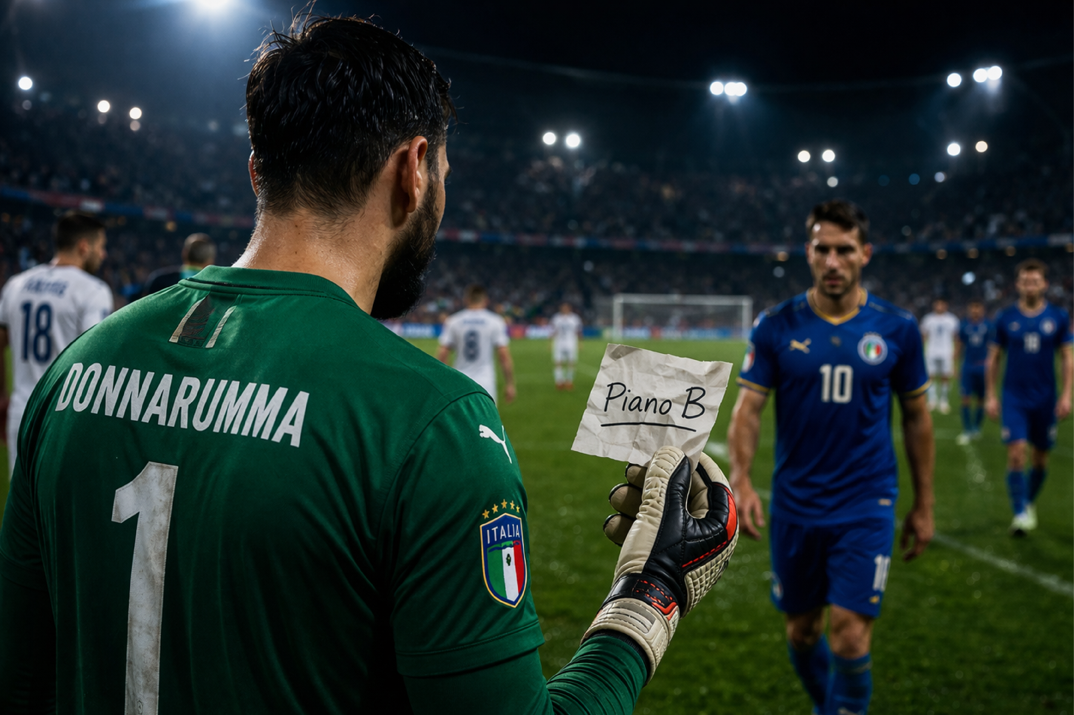 Portiere della nazionale italiana con foglio “Piano B” durante rigori, simbolo di business continuity e gestione imprevisti