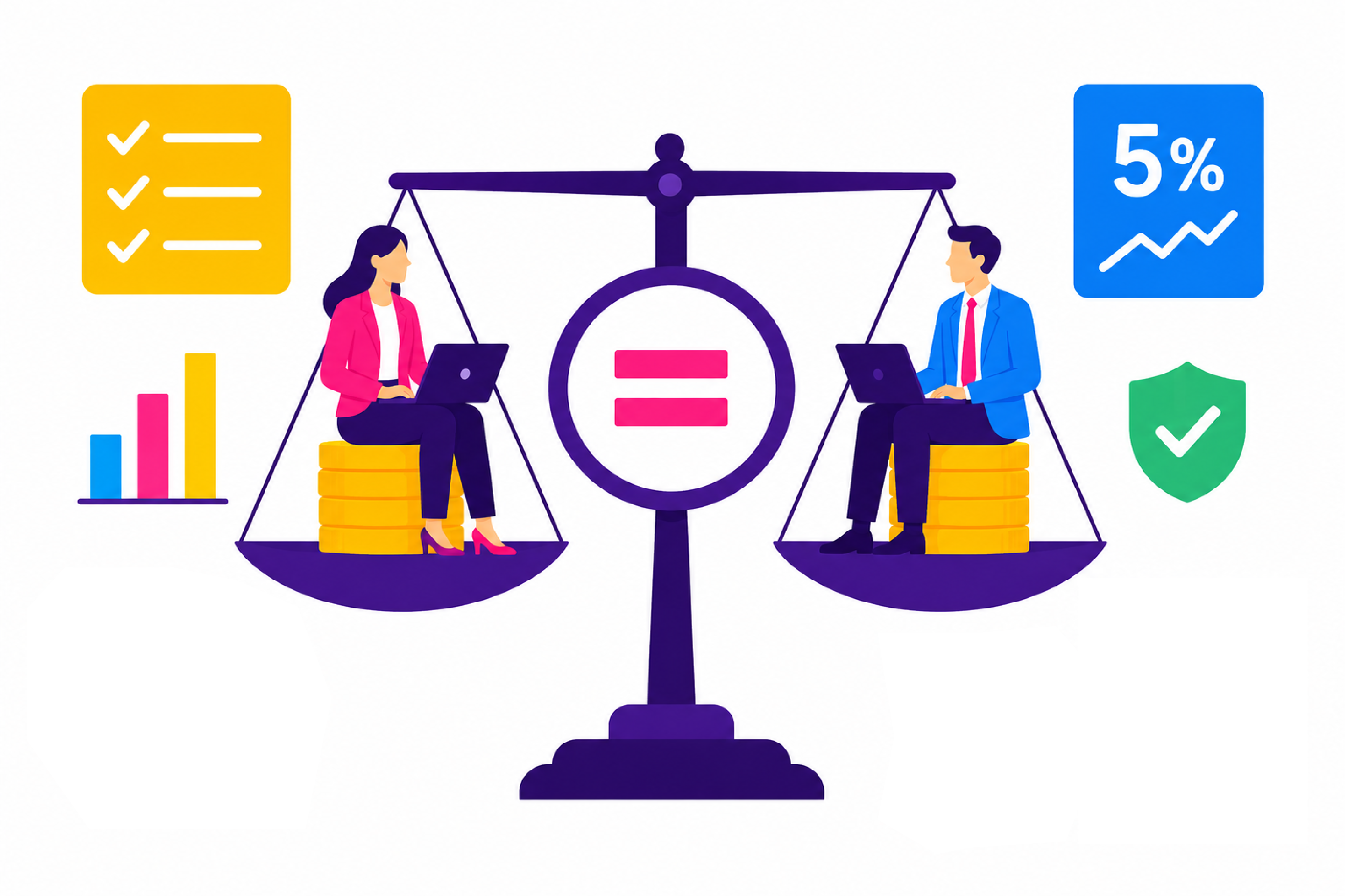 Illustrazione minimal colorata sulla trasparenza retributiva e la parità salariale tra donne e uomini nelle aziende.