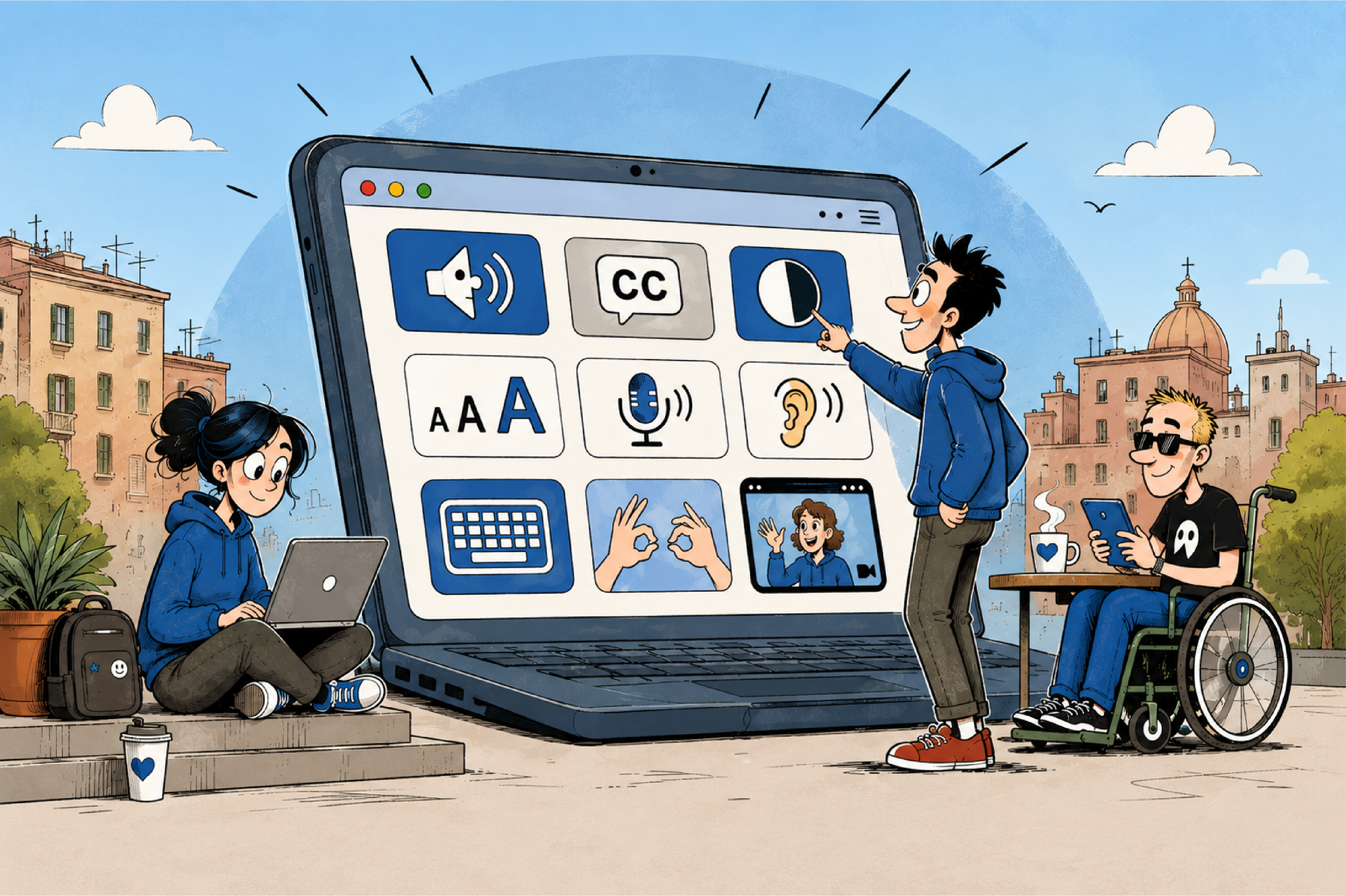 Illustrazione di servizi digitali accessibili con strumenti per inclusione, sottotitoli e screen reader secondo le Linee Guida AgID.