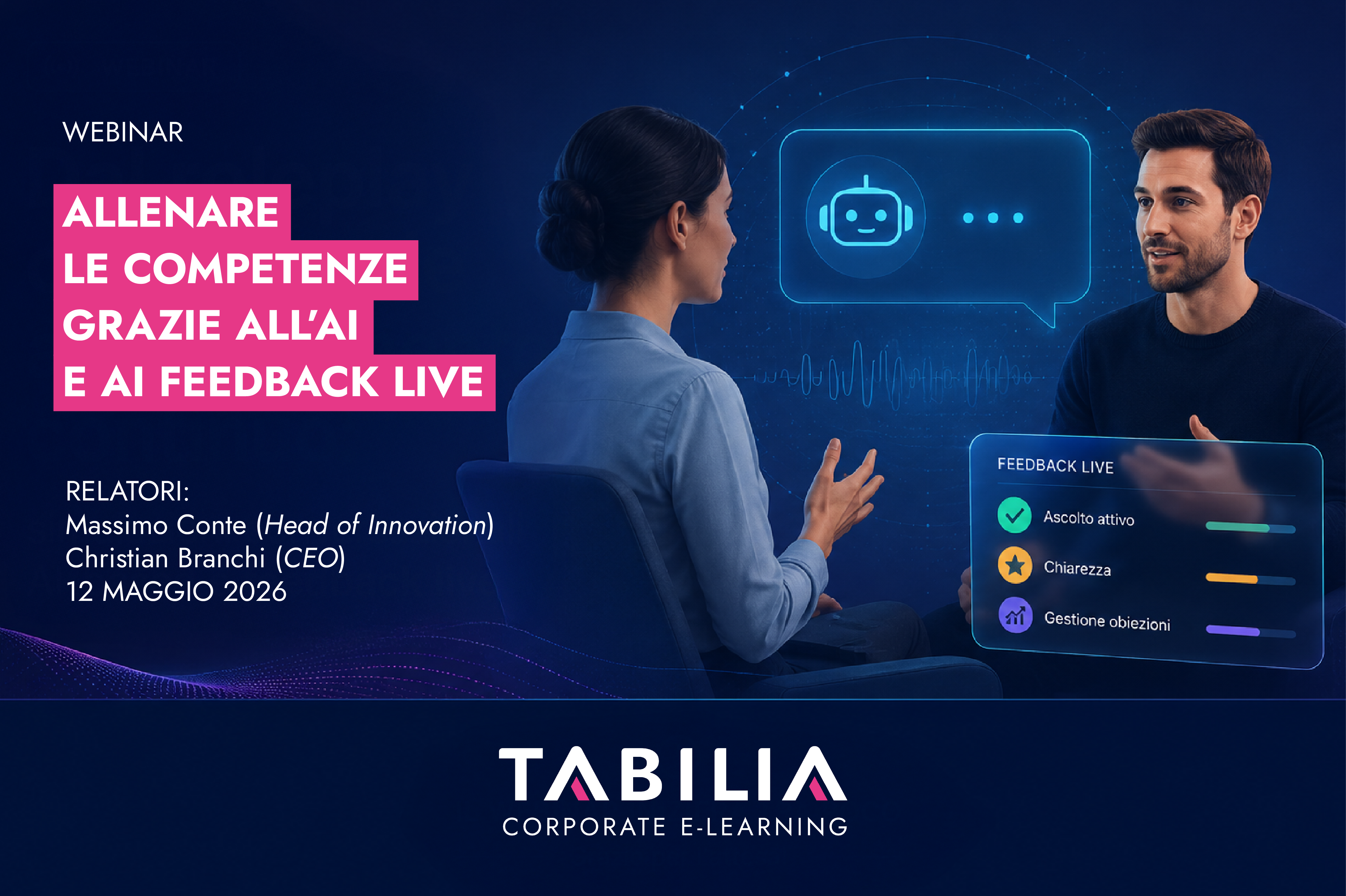Webinar TABILIA sulle simulazioni conversazionali AI con feedback live per allenare competenze e formazione aziendale digitale.
