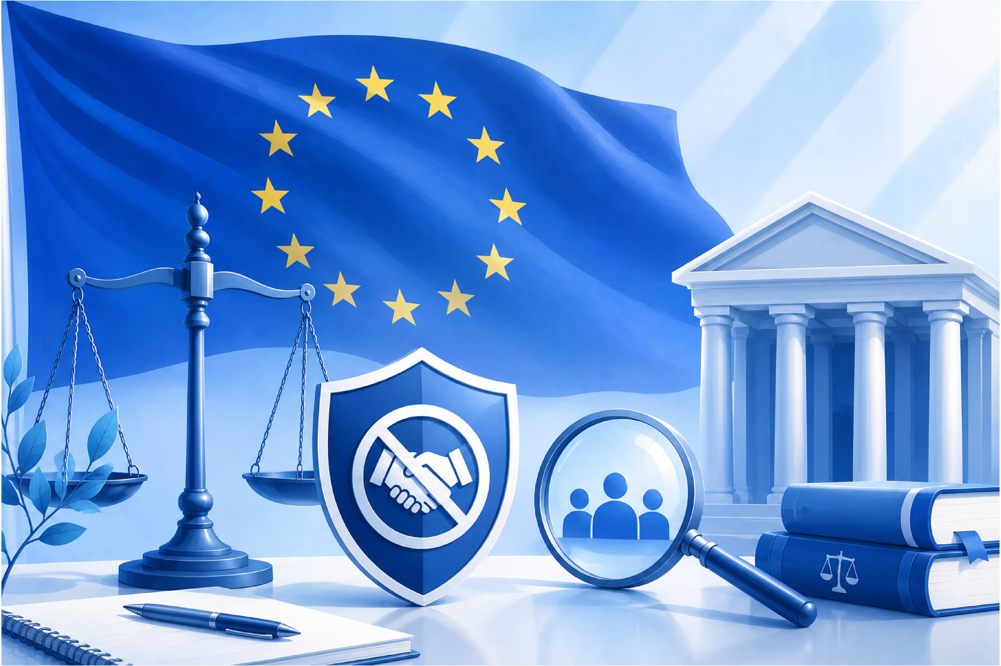 Illustrazione della Direttiva UE 2026/1021 con simboli di legalità, anticorruzione, trasparenza e tutela dell'integrità nel contesto europeo.