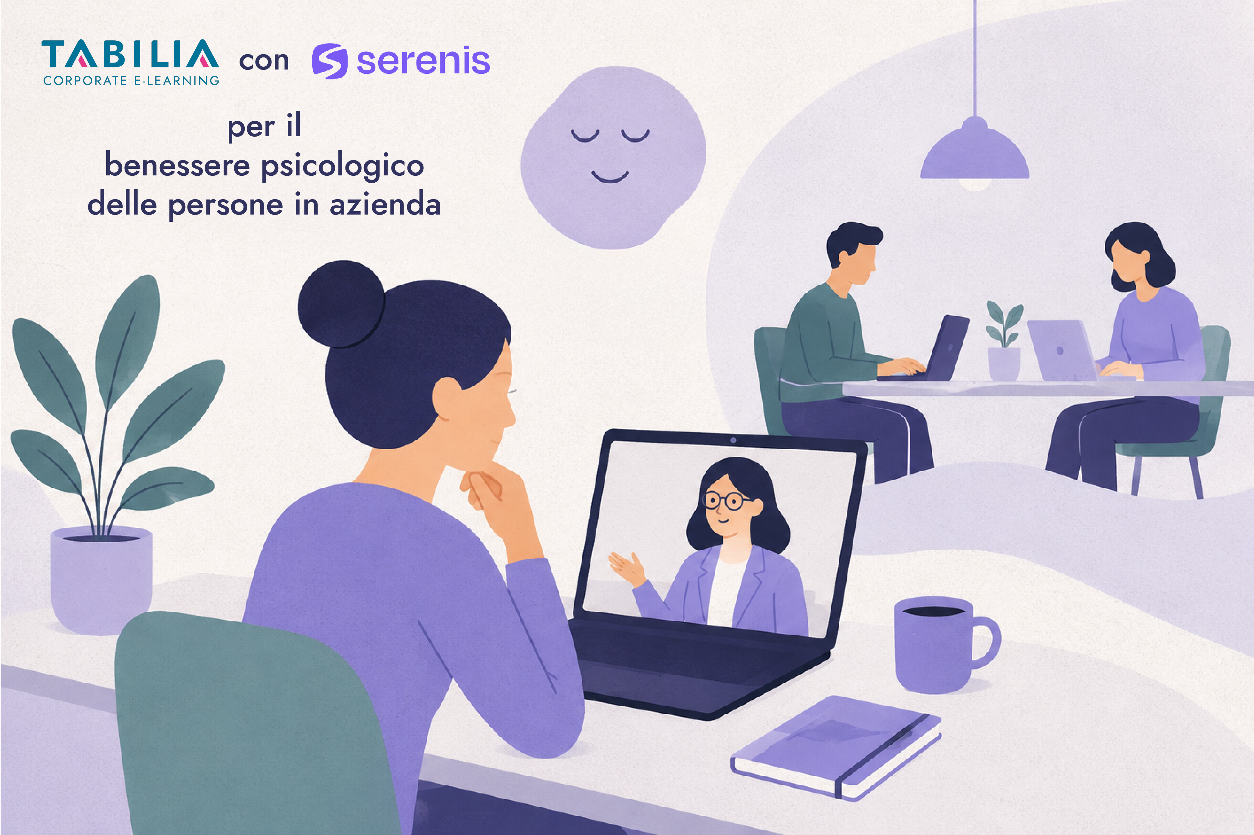 Illustrazione che rappresenta la collaborazione tra TABILIA e Serenis per promuovere il benessere psicologico in azienda attraverso percorsi di supporto psicologico e psicoterapia online.