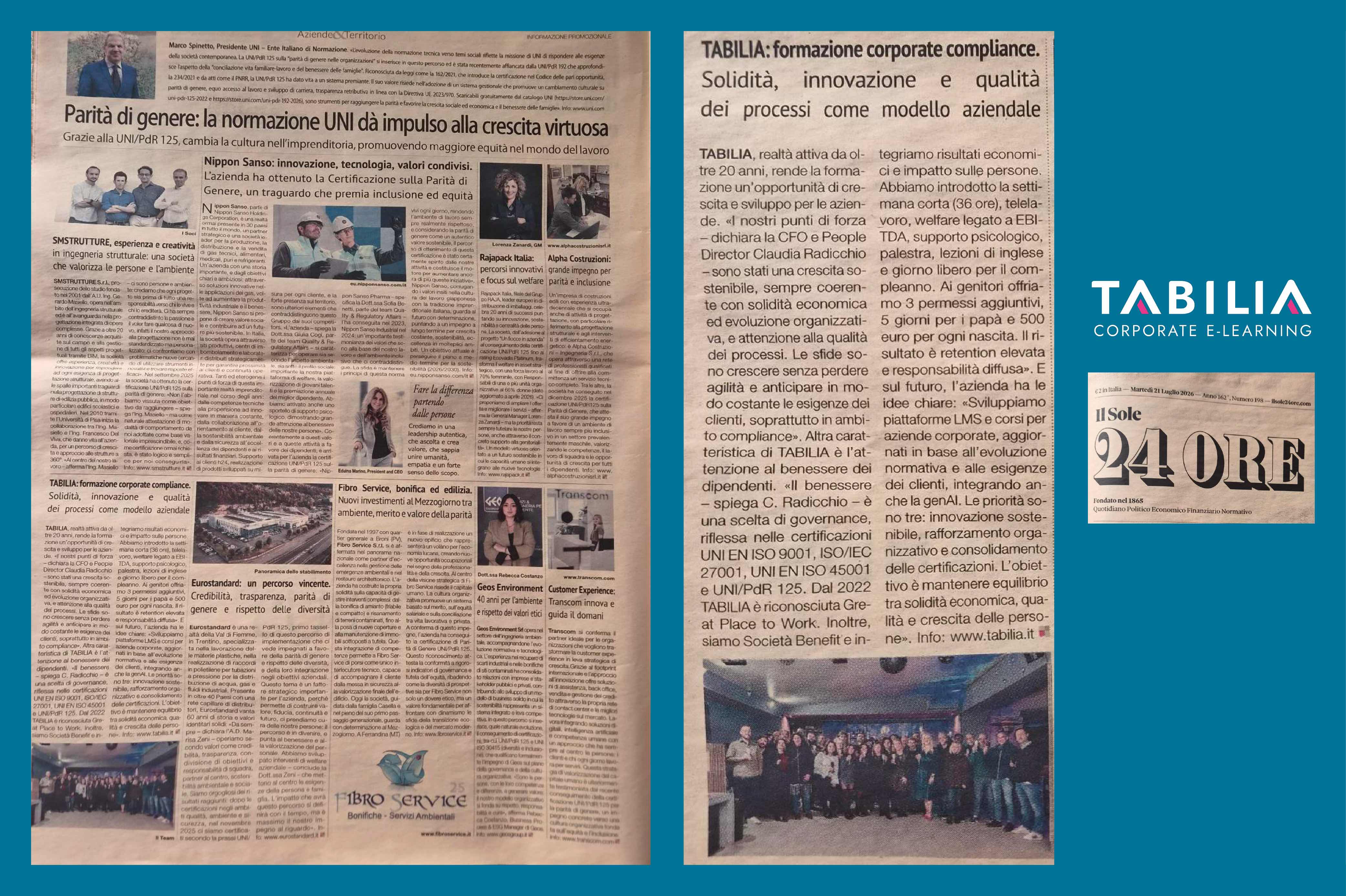 Pagina de Il Sole 24 Ore con lo speciale sulla certificazione UNI/PdR 125 che ospita il publiredazionale dedicato a TABILIA, realtà specializzata nella formazione corporate compliance.