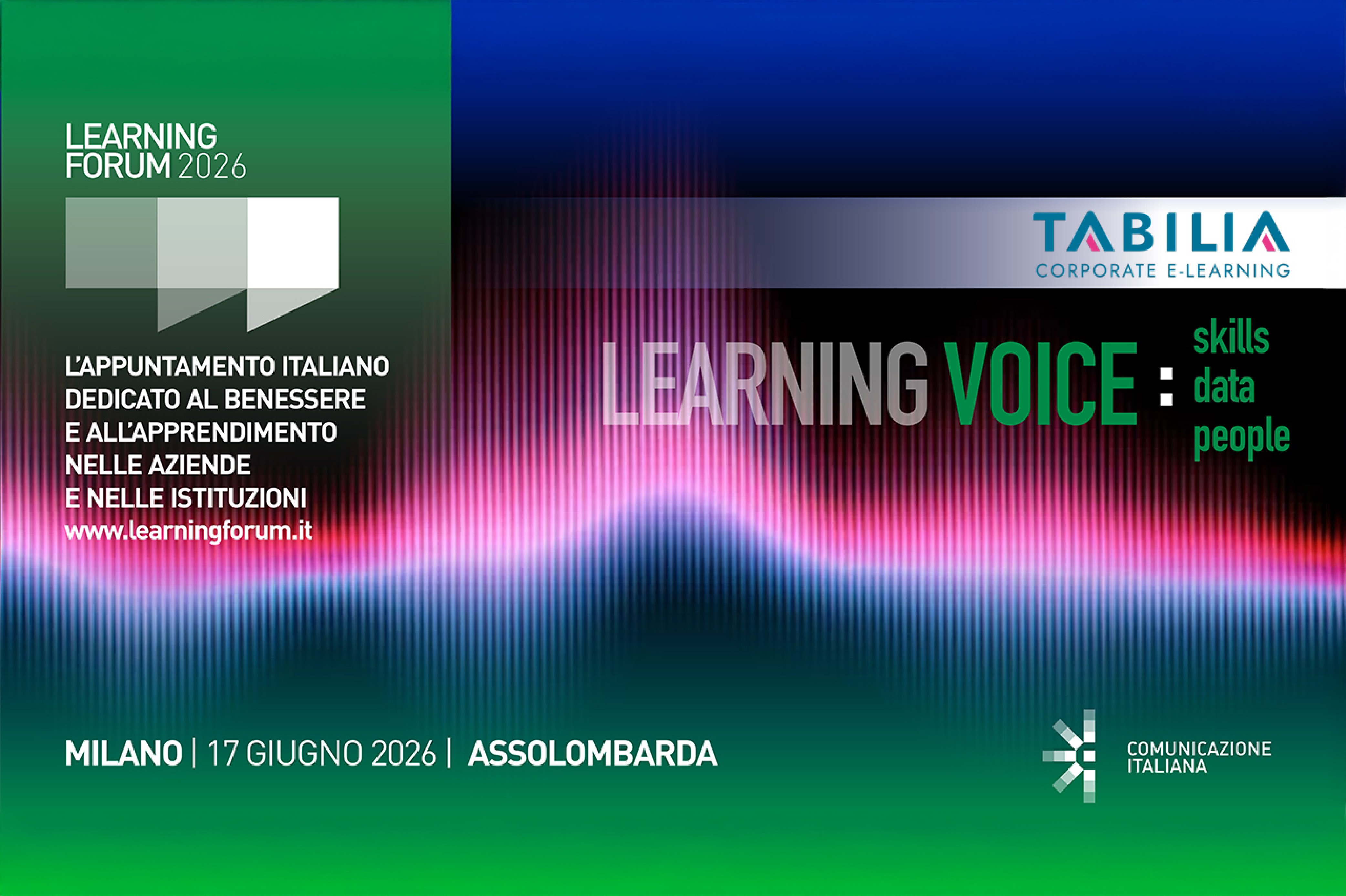 Visual del Learning Forum 2026 con TABILIA Content Partner dedicato all'Intelligenza Artificiale nella formazione aziendale e all'innovazione nei processi di apprendimento.