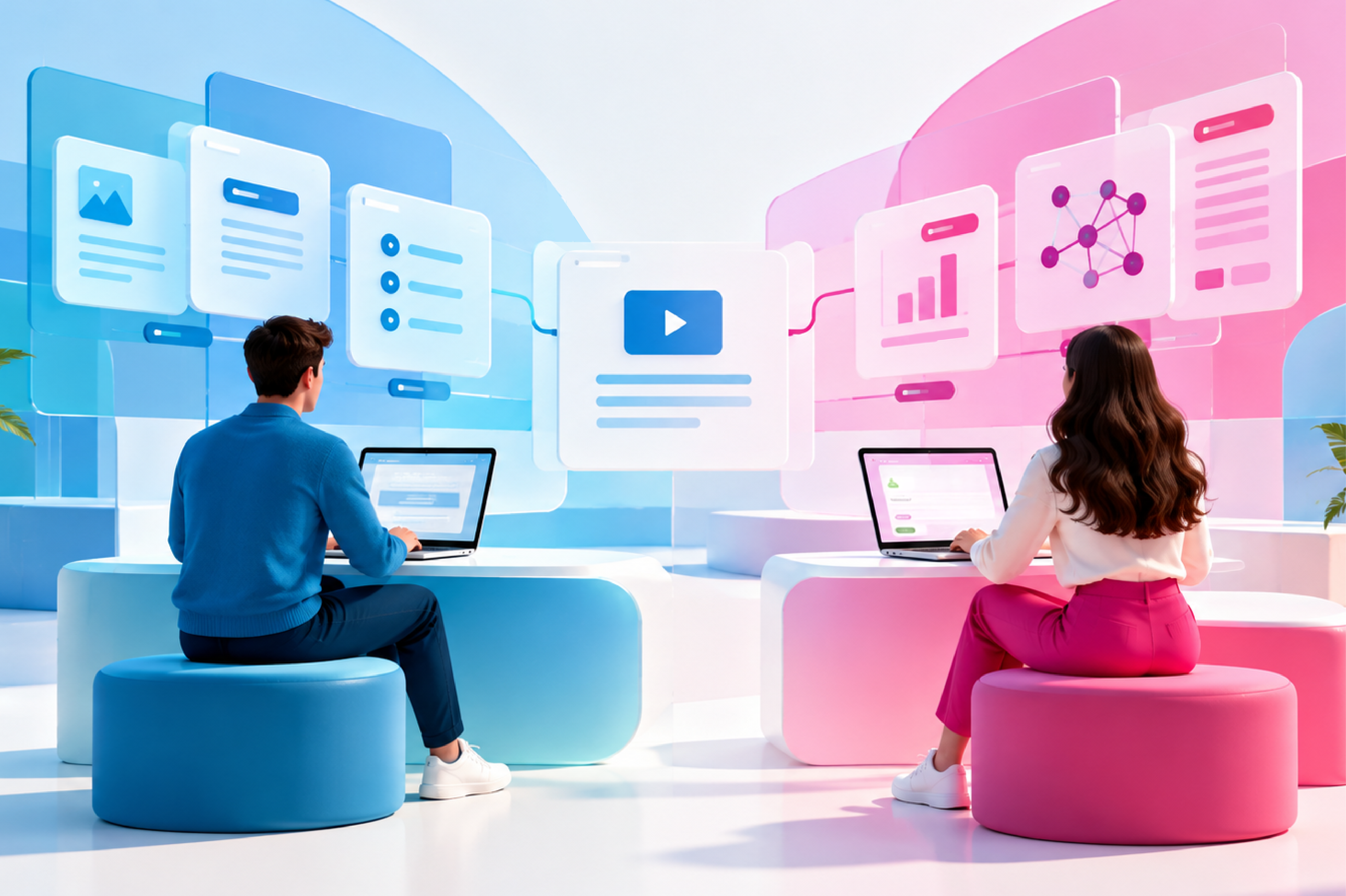 Due persone utilizzano contenuti digitali personalizzati che rappresentano l’Adaptive Depth nell’apprendimento adattivo