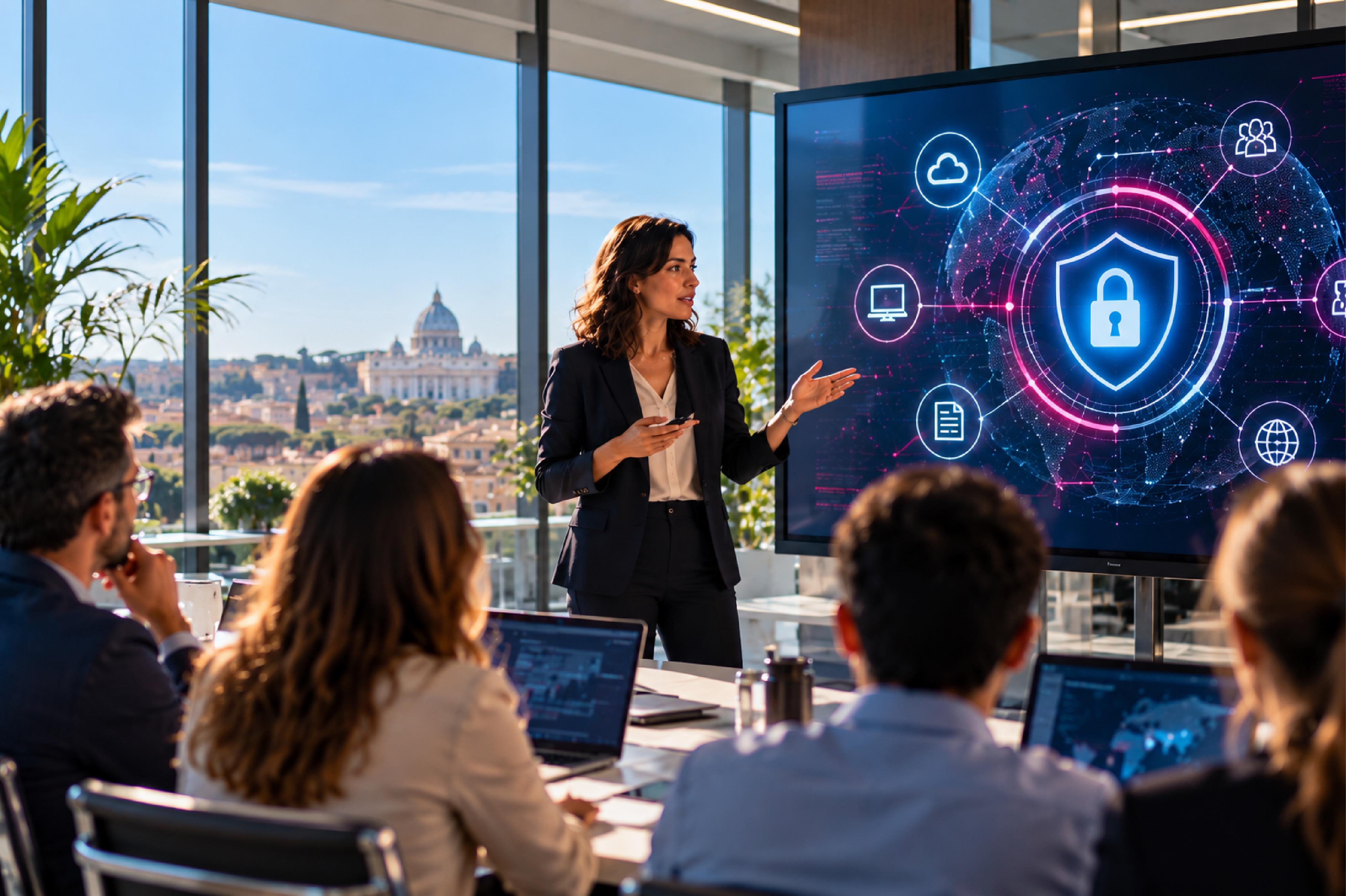 Professionista durante una sessione di formazione cybersecurity aziendale a Roma, con schermo dedicato alla sicurezza informatica.