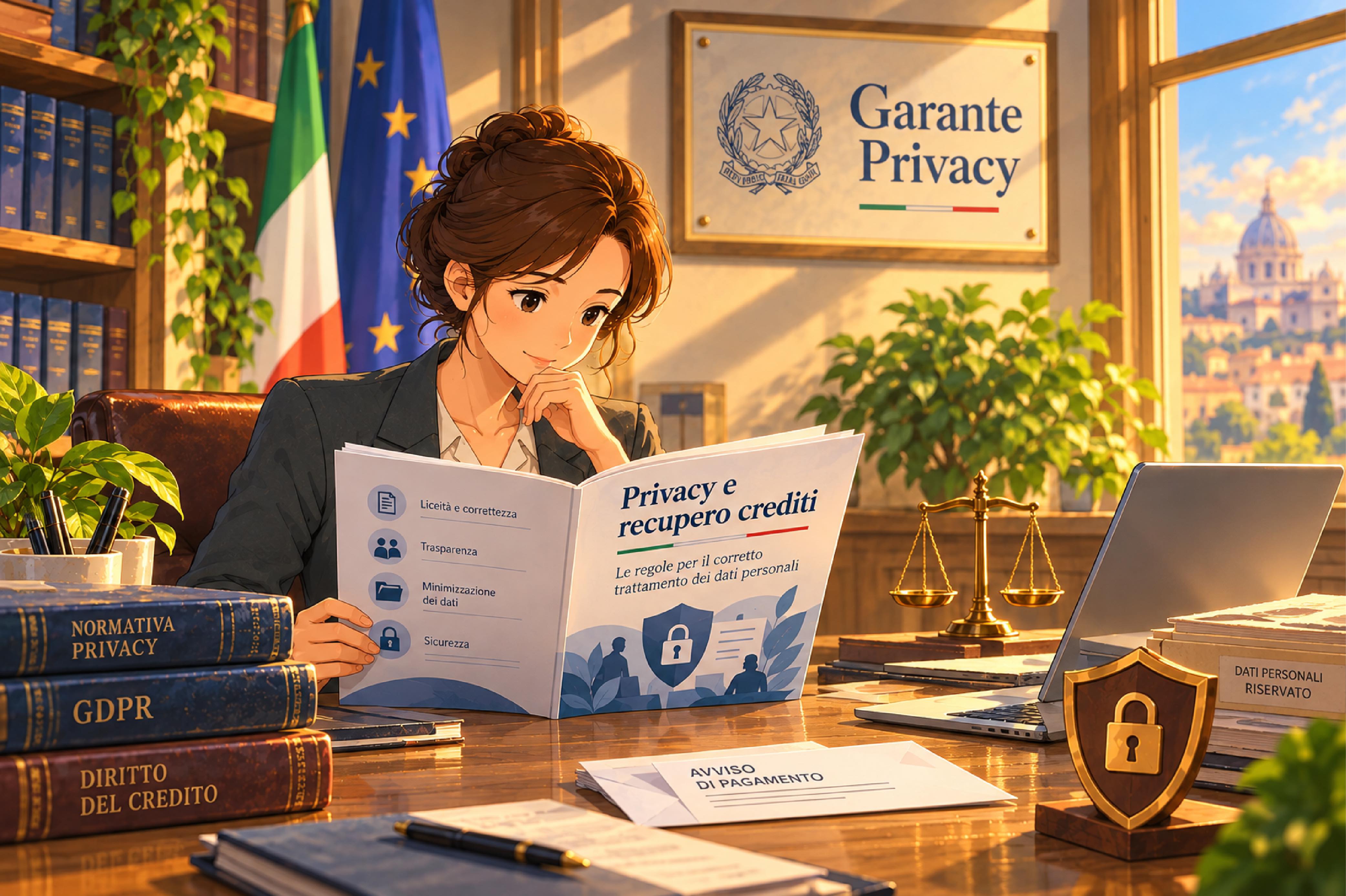 Illustrazione di una professionista che consulta il vademecum Privacy e recupero crediti del Garante per la protezione dei dati personali.